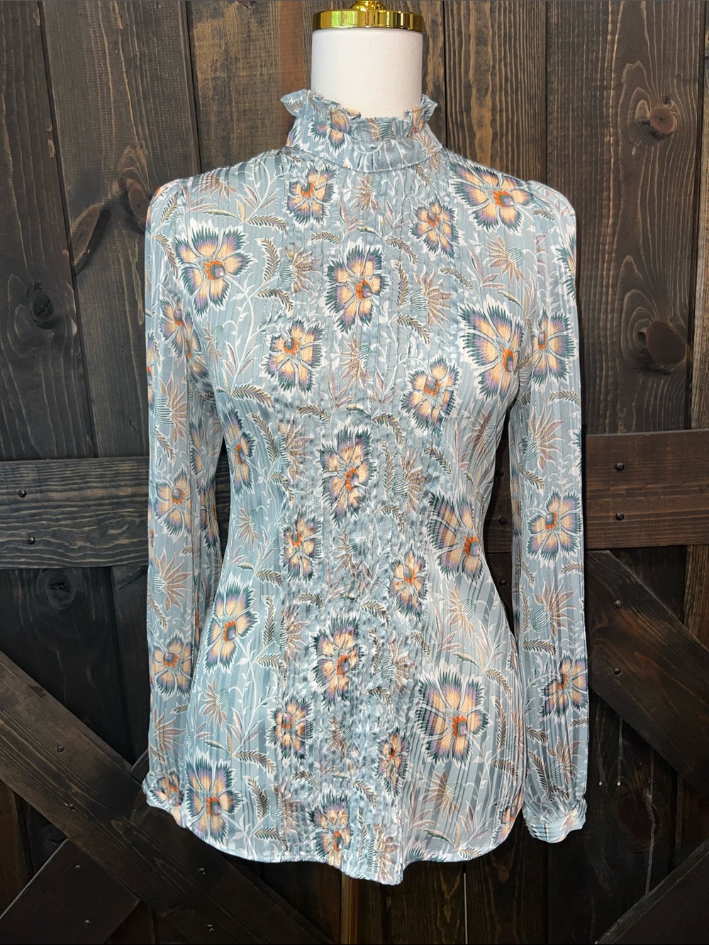Mango MNG Suit Chiffon Blouse S M Floral Metallic Pintucked Top Ruffle Collar